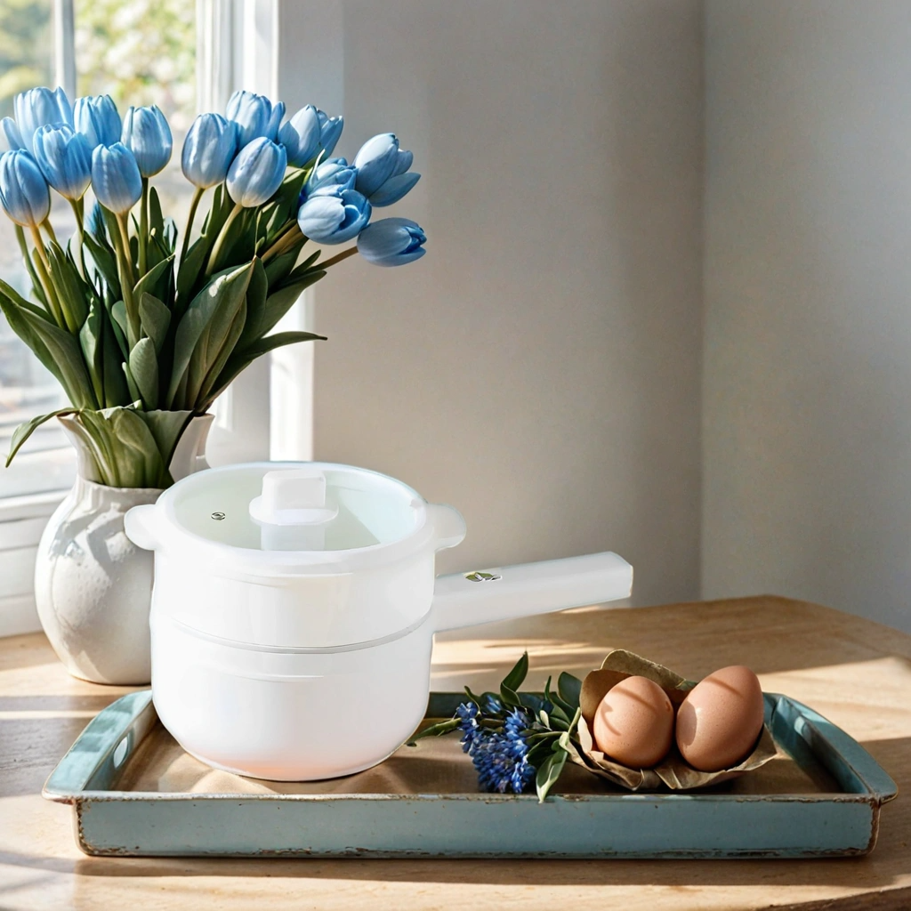 Olla eléctrica portátil blanca sobre una bandeja turquesa, junto a un jarrón con tulipanes azules y dos huevos en cáscara sobre hojas secas. La escena, bañada por la luz del sol a través de una ventana, evoca una sensación de desayuno primaveral y cocina casera